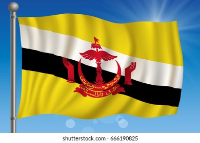 Waving flag of Brunei on a sky background. Vector illustration