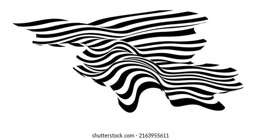 Waving flag as a brush stroke with zebra texture. Vest striped with fabric Black and white stripes curved in a bizarre way with waves curving along the trajectory.