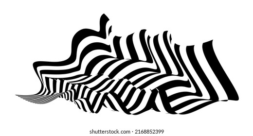 Waving flag as a brush stroke with zebra texture. Vest striped with fabric Black and white stripes curved in a bizarre way with waves curving along the trajectory.