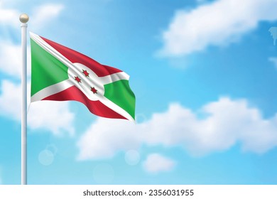 Waving flag of Burundi on sky background. Template for independence day poster design