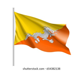 Waving flag of Butane. Illustration of Asian country flag on flagpole. Vector 3d icon isolated on white background