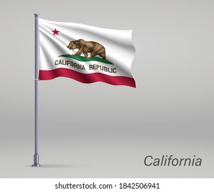 Waving flag of California - state of United States on flagpole. Template for independence day poster