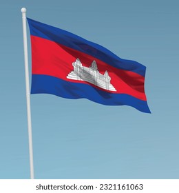 Waving flag of Cambodia on flagpole. Template for independence day poster design