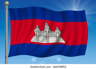 Waving flag of Cambodia on a sky background. Vector illustration