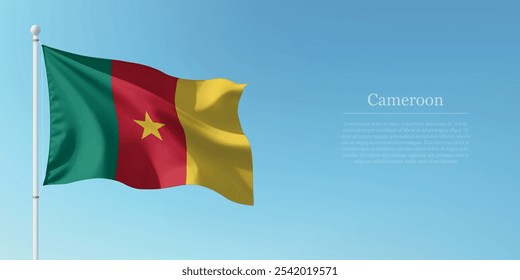Waving flag of Cameroon on a pole with a blue sky backdrop with copyspace