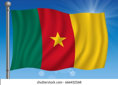 Waving flag of Cameroon on a sky background. Vector illustration