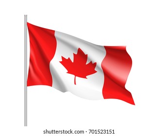 Waving flag of Canada. Illustration of North America country flag on flagpole. 3d vector icon isolated on white background