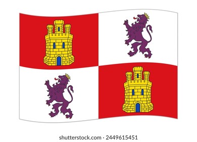 Waving flag of Castile and Leon, administrative division of Spain. Vector illustration.