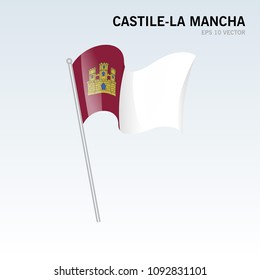 Waving flag of Castile-La Mancha the autonomous communities of Spain on gray background