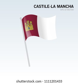 Waving flag of Castile-La Mancha the autonomous communities of Spain on gray background