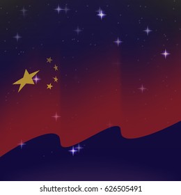 Waving flag of China. Background of the night starry sky. Shining in the colors of the national flag. vector illustration