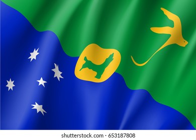 Waving flag of Christmas Island. Patriotic sign with white-tailed tropicbird and Southern Cross constellation. Special Administrative External Territory of Australia. Vector icon illustration