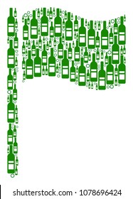 Waving Flag collage of alcohol bottles and circles in different sizes and green colors. Vector objects are united into waving flag composition. Alcoholic design concept.