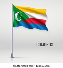 Waving flag of Comoros on flagpole. Template for independence day poster design