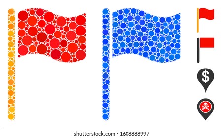 Waving flag composition of filled circles in various sizes and shades, based on waving flag icon. Vector random circles are organized into blue composition.
