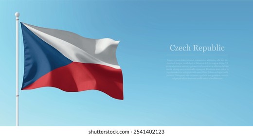 Waving flag of Czech Republic on a pole with a blue sky backdrop with copyspace