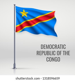 Waving flag of Democratic Republic of the Congo on flagpole. Template for independence day poster design
