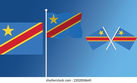 Wellenflagge der Demokratischen Republik Kongo auf blauem Hintergrund, Vektorgrafik