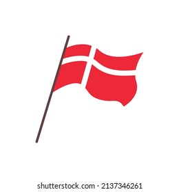 Waving Flag Of Denmark Country. Isolated Danish Red Flag With White Cross. Vector Flat Illustration.