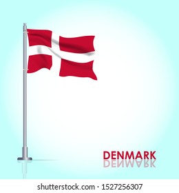 Waving flag of Denmark on flagpole. Template for independence day poster design. Vector Illustration EPS 10