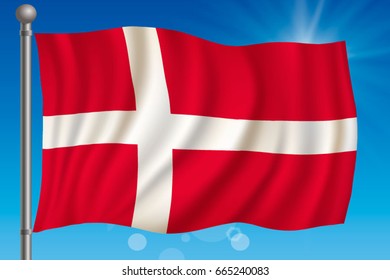 Waving flag of Denmark on a sky background. Vector illustration