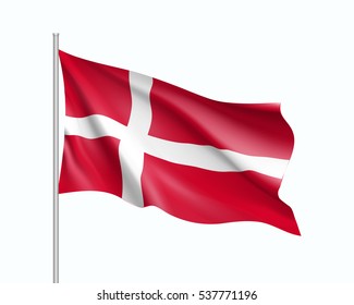 Waving flag of Denmark state. Illustration of European country flag on flagpole. Vector 3d icon isolated on white background