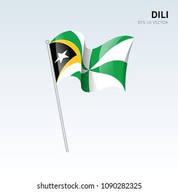 Waving flag of Dili districts of Timor Leste on gray background