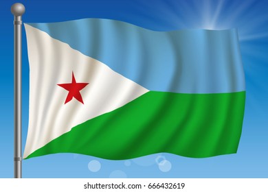 Waving flag of Djibouti on a sky background. Vector illustration