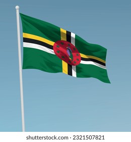 Waving flag of Dominica on flagpole. Template for independence day poster design