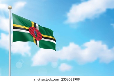 Waving flag of Dominica on sky background. Template for independence day poster design