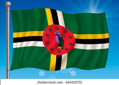 Waving flag of Dominica on a sky background. Vector illustration
