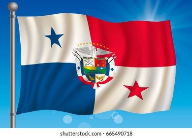 Waving flag of Dominica on a sky background. Vector illustration