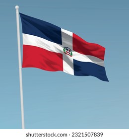 Waving flag of Dominican Republic on flagpole. Template for independence day poster design