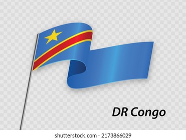 Waving flag of DR Congo on flagpole. Template for independence day design