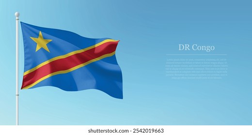 Waving flag of DR Congo on a pole with a blue sky backdrop with copyspace