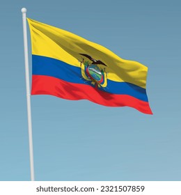 Waving flag of Ecuador on flagpole. Template for independence day poster design