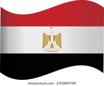 A waving flag of Egypt featuring horizontal red, white, and black stripes with the golden Eagle of Saladin emblem centered on the white band.