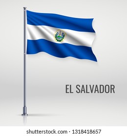 Waving flag of El Salvador on flagpole. Template for independence day poster design