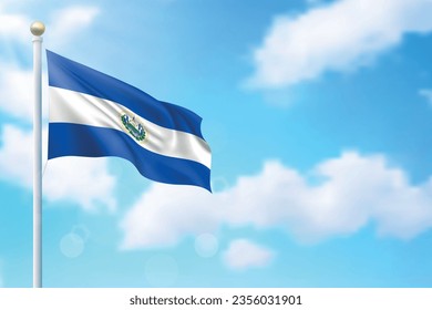 Bandera ondeando El Salvador sobre fondo del cielo. Plantilla para diseño de afiches del día de la independencia