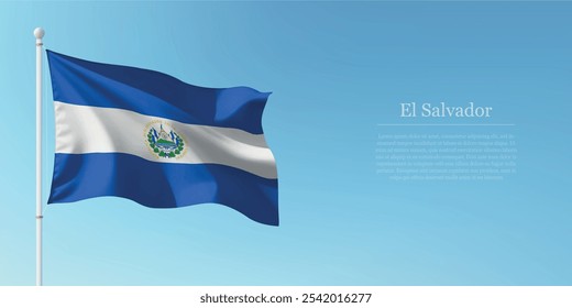 Waving flag of El Salvador on a pole with a blue sky backdrop with copyspace