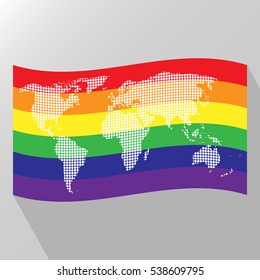 Waving flag emblem and world map dotted made on it isolated on grey backround with shadow