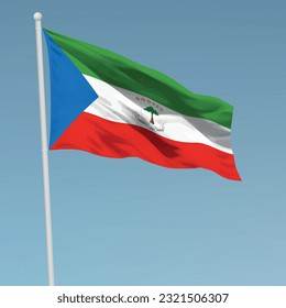 Waving flag of Equatorial Guinea on flagpole. Template for independence day poster design