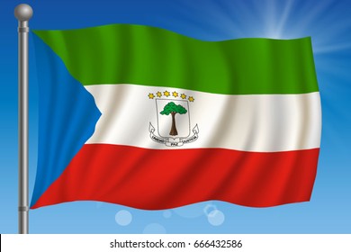 Waving flag of Equatorial Guinea on a sky background. Vector illustration