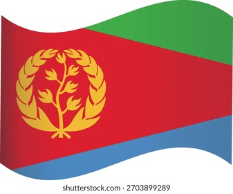 A waving flag of Eritrea featuring a red triangle with a golden olive branch emblem, flanked by green and blue triangular sections.