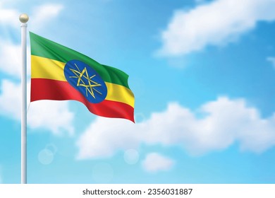 Waving flag of Ethiopia on sky background. Template for independence day poster design