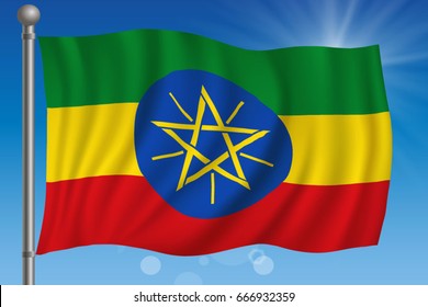 Waving flag of Ethiopia on a sky background. Vector illustration