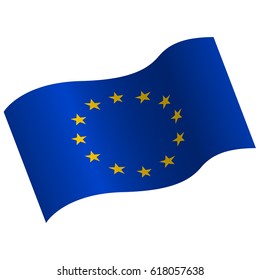Waving flag of European union. Official EU, European union flag on white background vector illustration. Waving flag of European union. EU flag on flagpole with yellow stars on blue color.