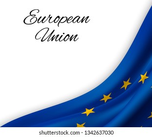 waving flag of European Union on white background. Template for independence day. vector illustration