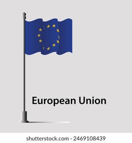 Waving flag of European Union on flagpole. Accurate dimensions and official colors.