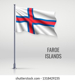 Waving flag of Faroe Islands on flagpole. Template for independence day poster design